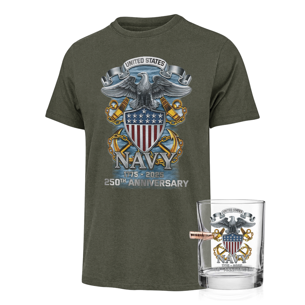 Navy 250th Anniversary Classic Tee & Bullet Glass Combo