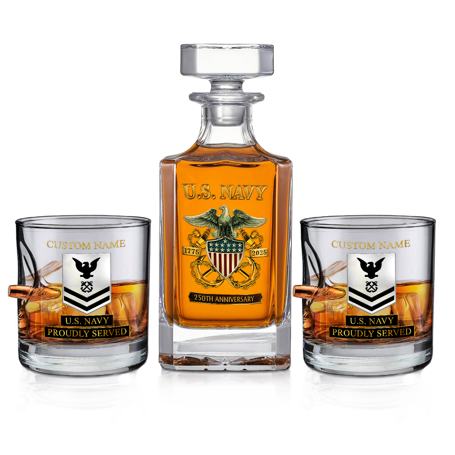 Personalizable Navy 250th Anniversary Bullet Whiskey Glass & Decanter Set