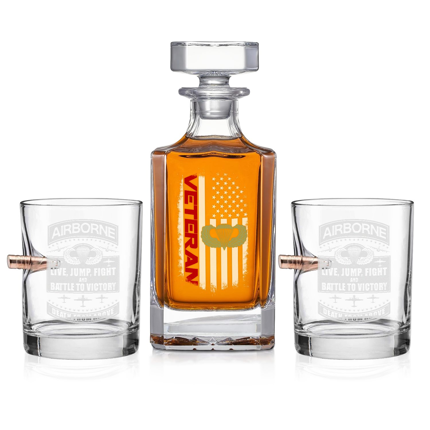 Airborne Veteran Set of 1 Bullet Whiskey Glass & Decanter (x2 Coasters Gift)