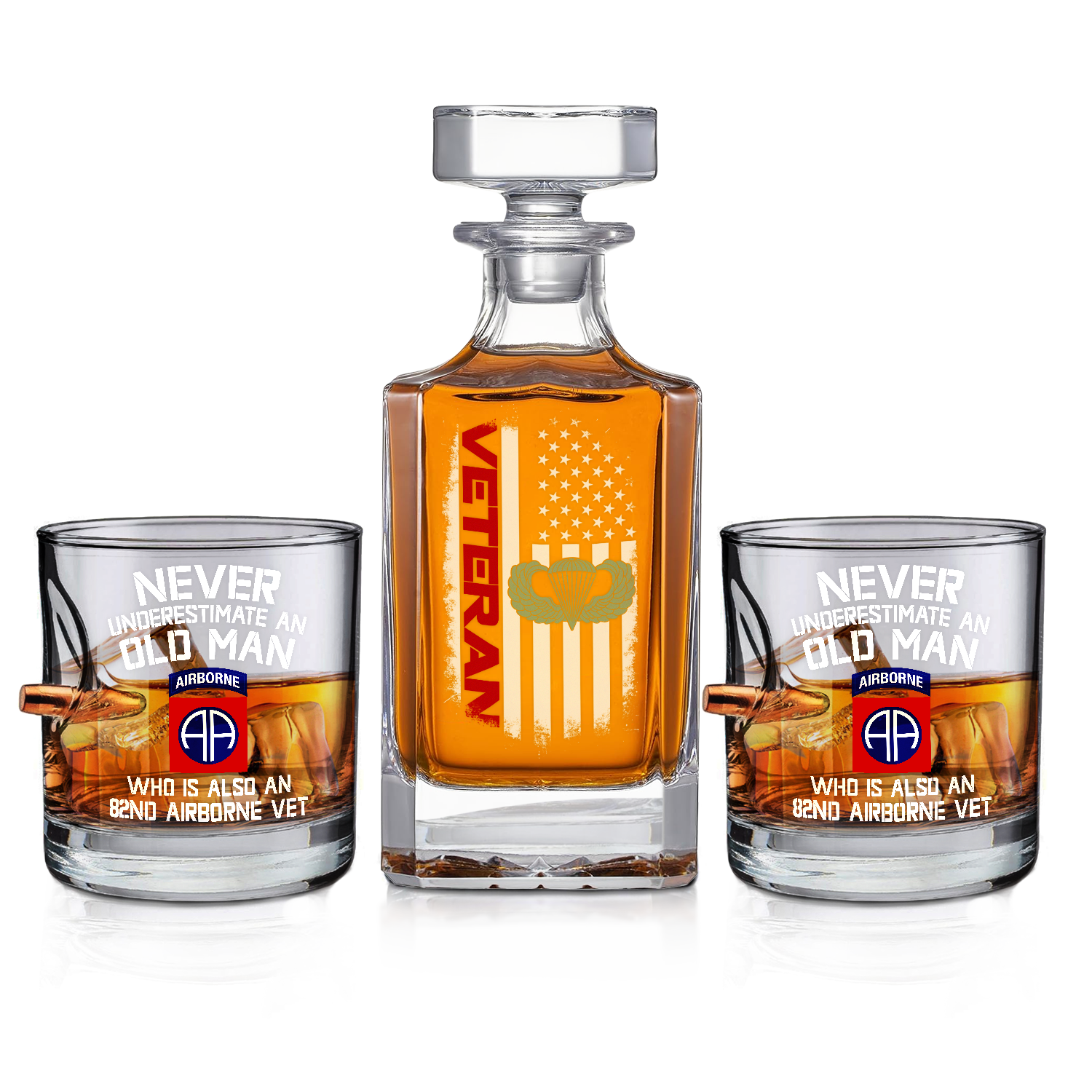 Airborne Veteran Set of 2 Bullet Whiskey Glasses & Decanter (x2 Coasters Gift)