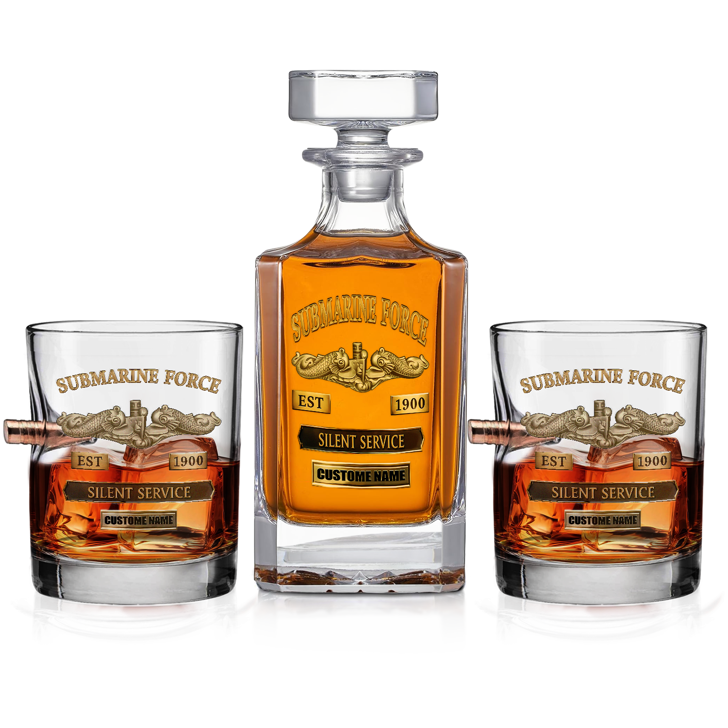 Personalizable Navy Submarine Bullet Whiskey Glass & Decanter Set