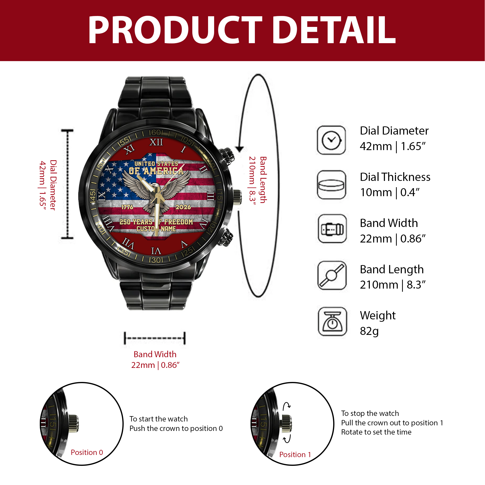 Personalizable America 250 Years of Freedom Stainless Steel Watch