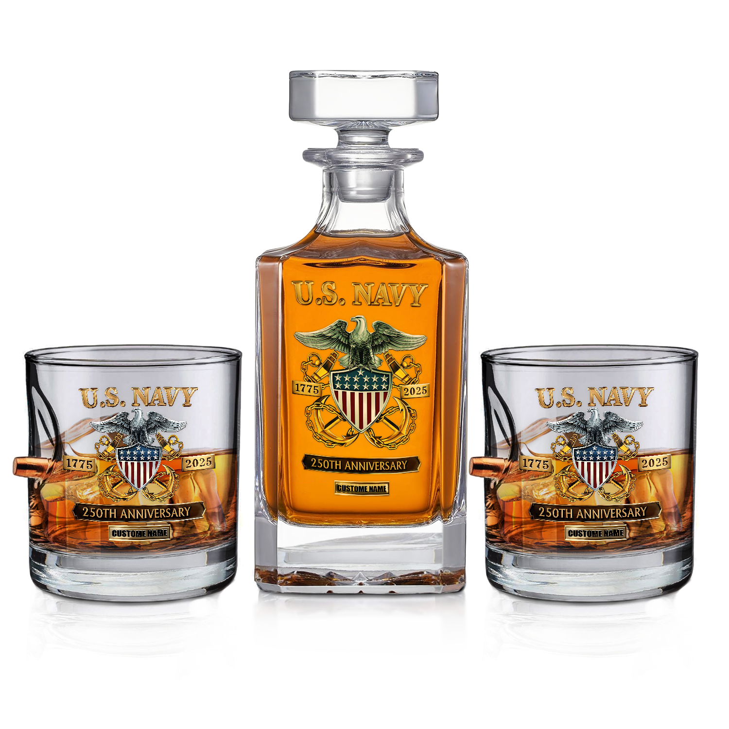 Personalizable Navy 250th Anniversary Bullet Whiskey Glass & Decanter Set