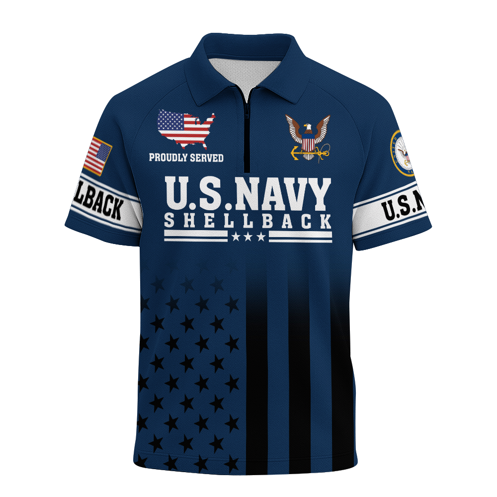 Navy Shellback Ancient Order Of The Deep Raglan Zip Polo Shirt