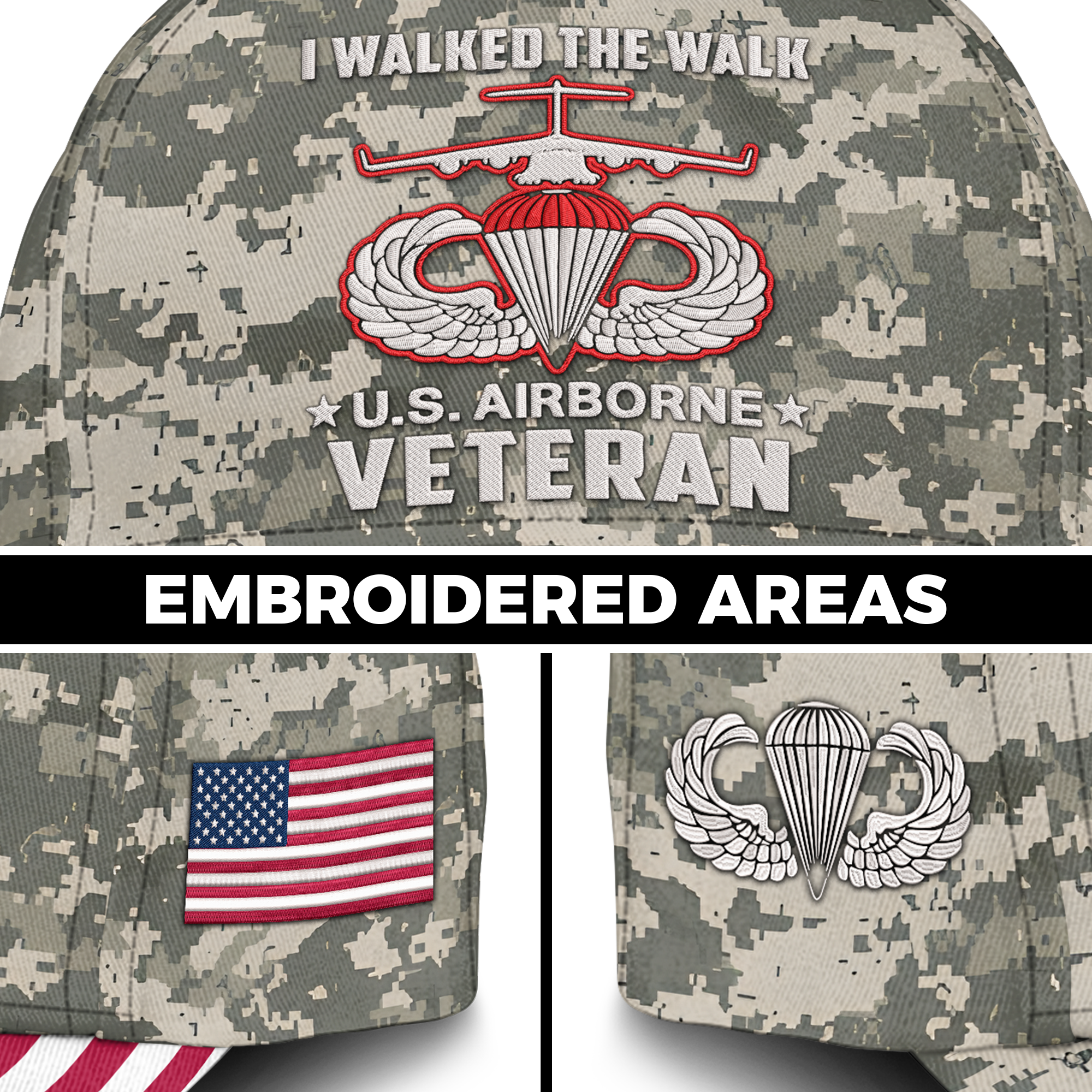 I Walked The Walk Airborne Veteran Embroidered & Printed Cap