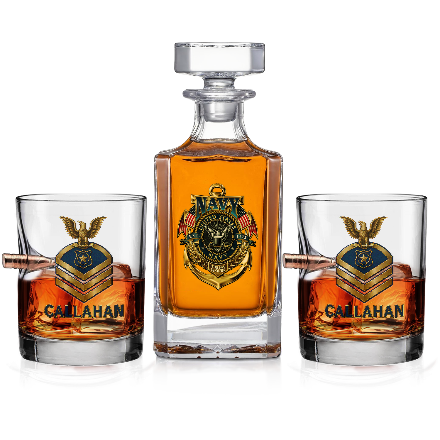 Personalizable Navy Submarine Bullet Whiskey Glass & Decanter Set