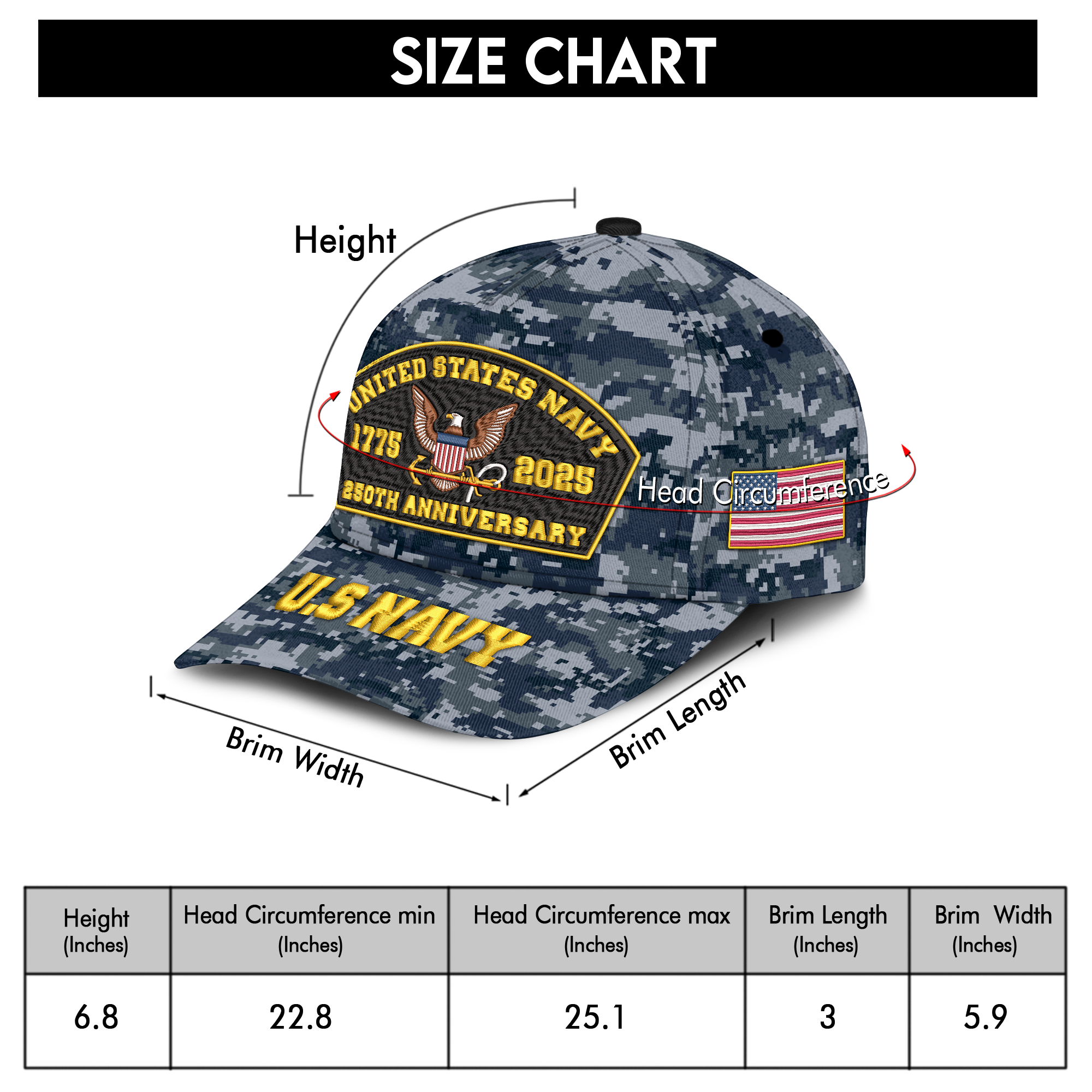Navy 250th Anniversary Embroidered & Printed Cap
