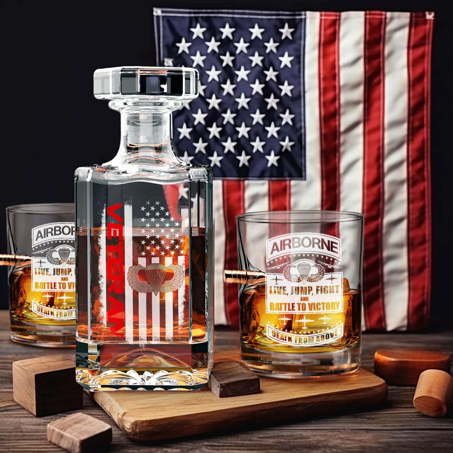 Airborne Veteran Set of 1 Bullet Whiskey Glass & Decanter (x2 Coasters Gift)