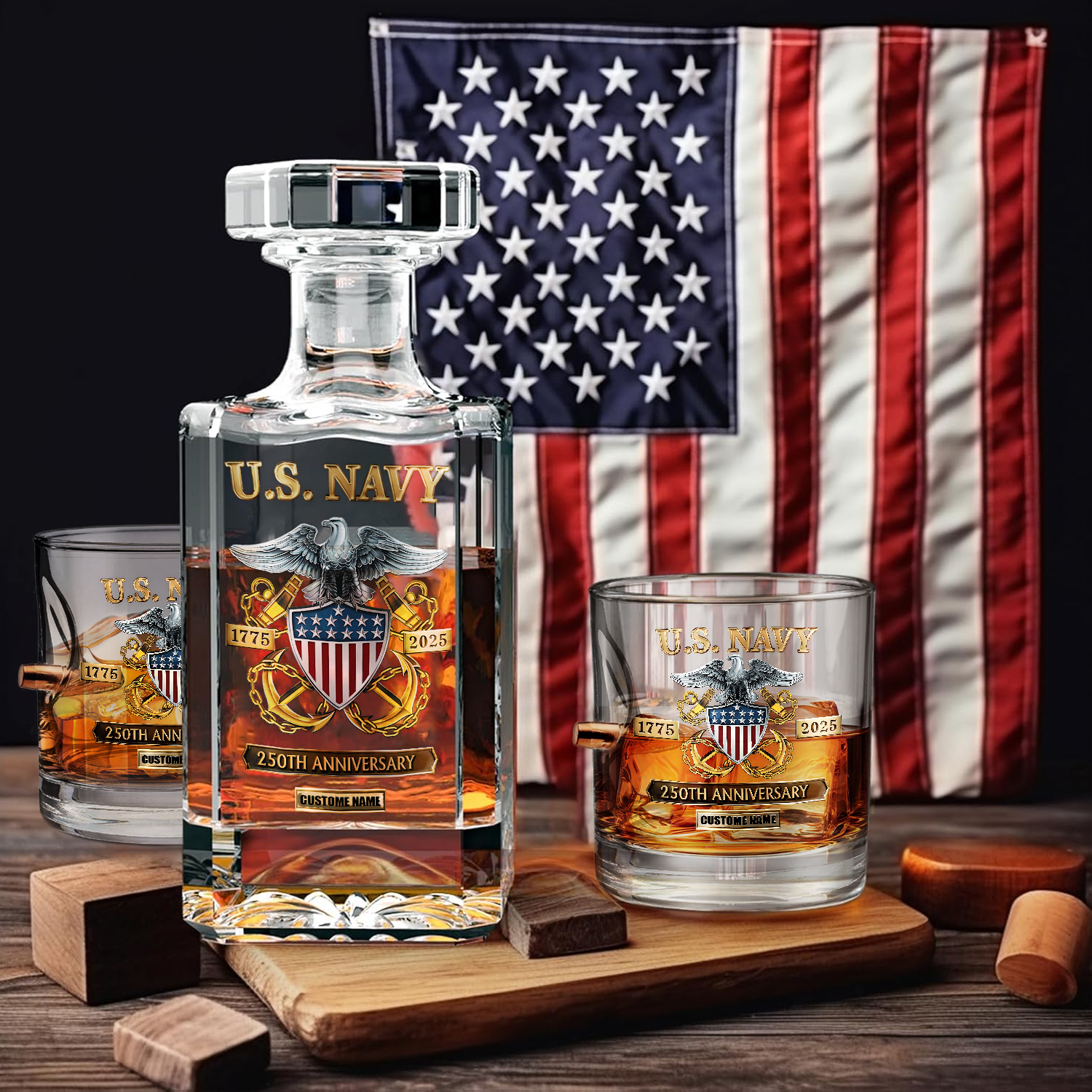 Personalizable Navy 250th Anniversary Bullet Whiskey Glass & Decanter Set