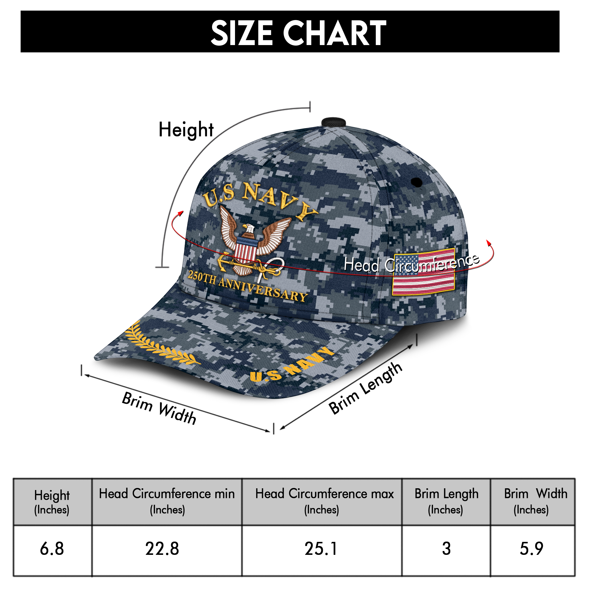Navy 250th Anniversary Embroidered & Printed Cap