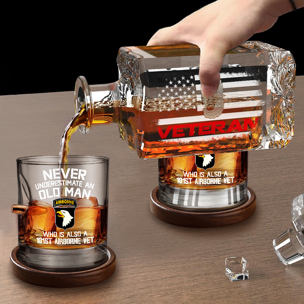 Airborne Veteran Set of 2 Bullet Whiskey Glasses & Decanter (x2 Coasters Gift)