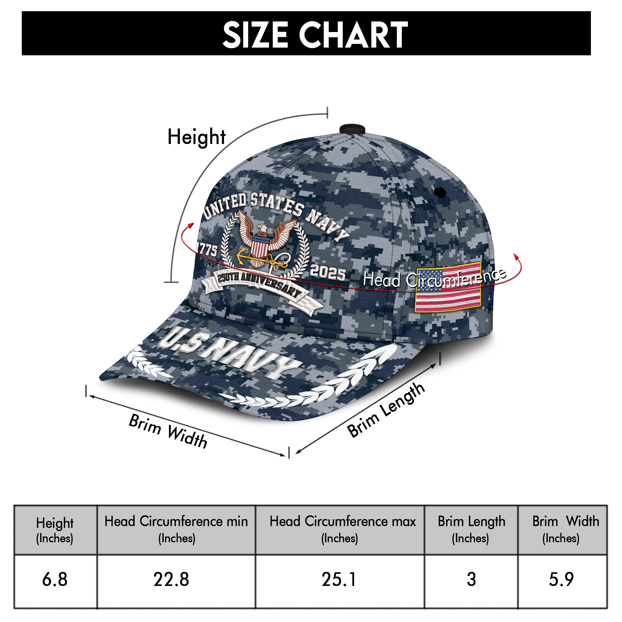 Navy 250th Anniversary Embroidered & Printed Cap