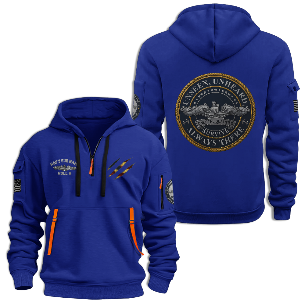 Personalizable Navy Submarine Unseen Unheard Quarter Zip Hoodie