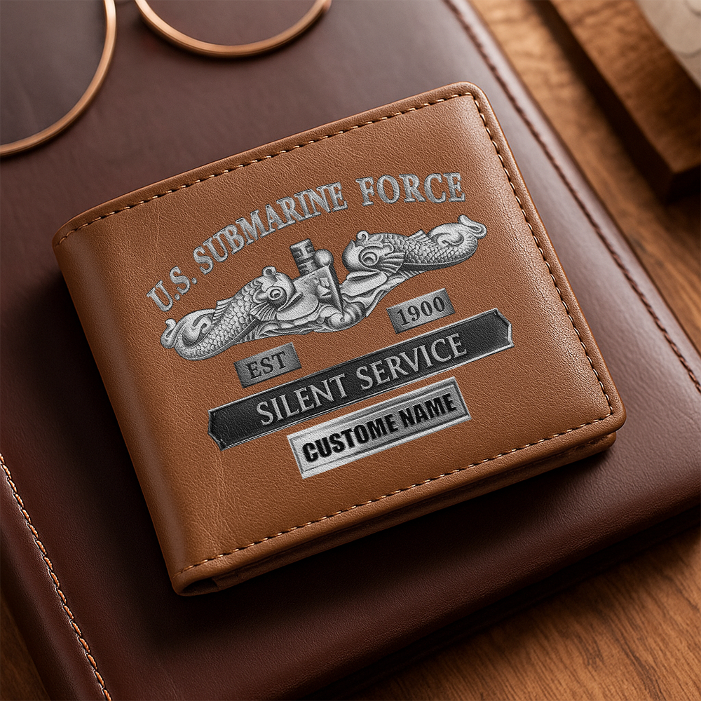 Personalizable Navy Submarine Leather Wallet & Stainless Steel Watch Bundle