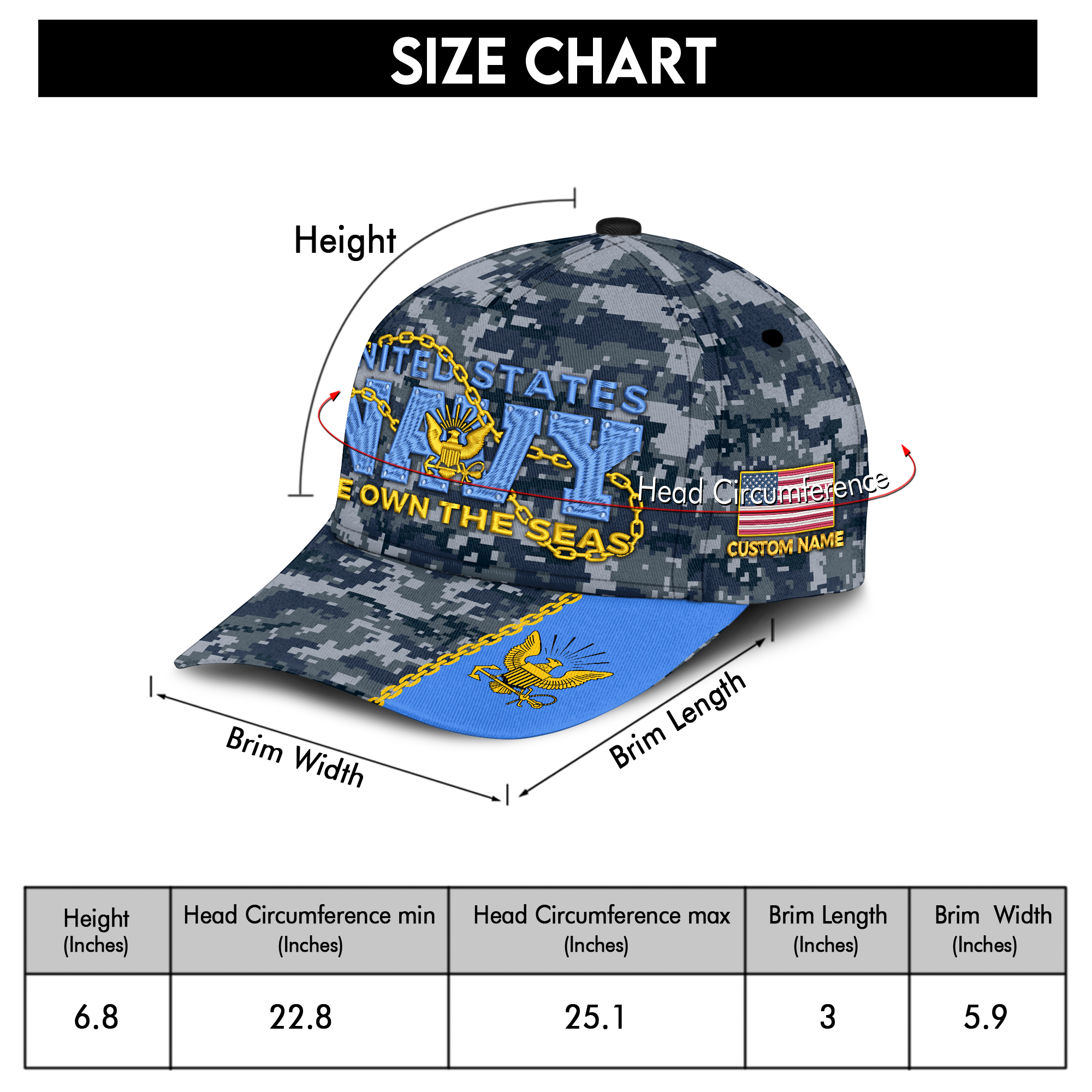Navy We Own The Seas Embroidered & Printed Cap