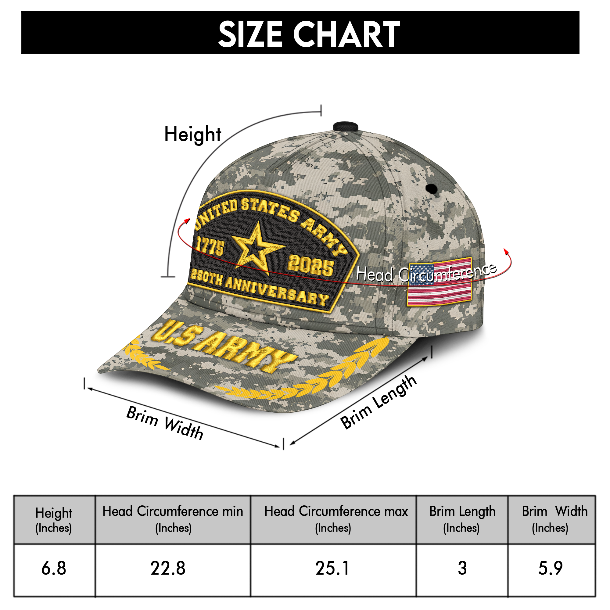 Army 250th Anniversary Embroidered & Printed Cap