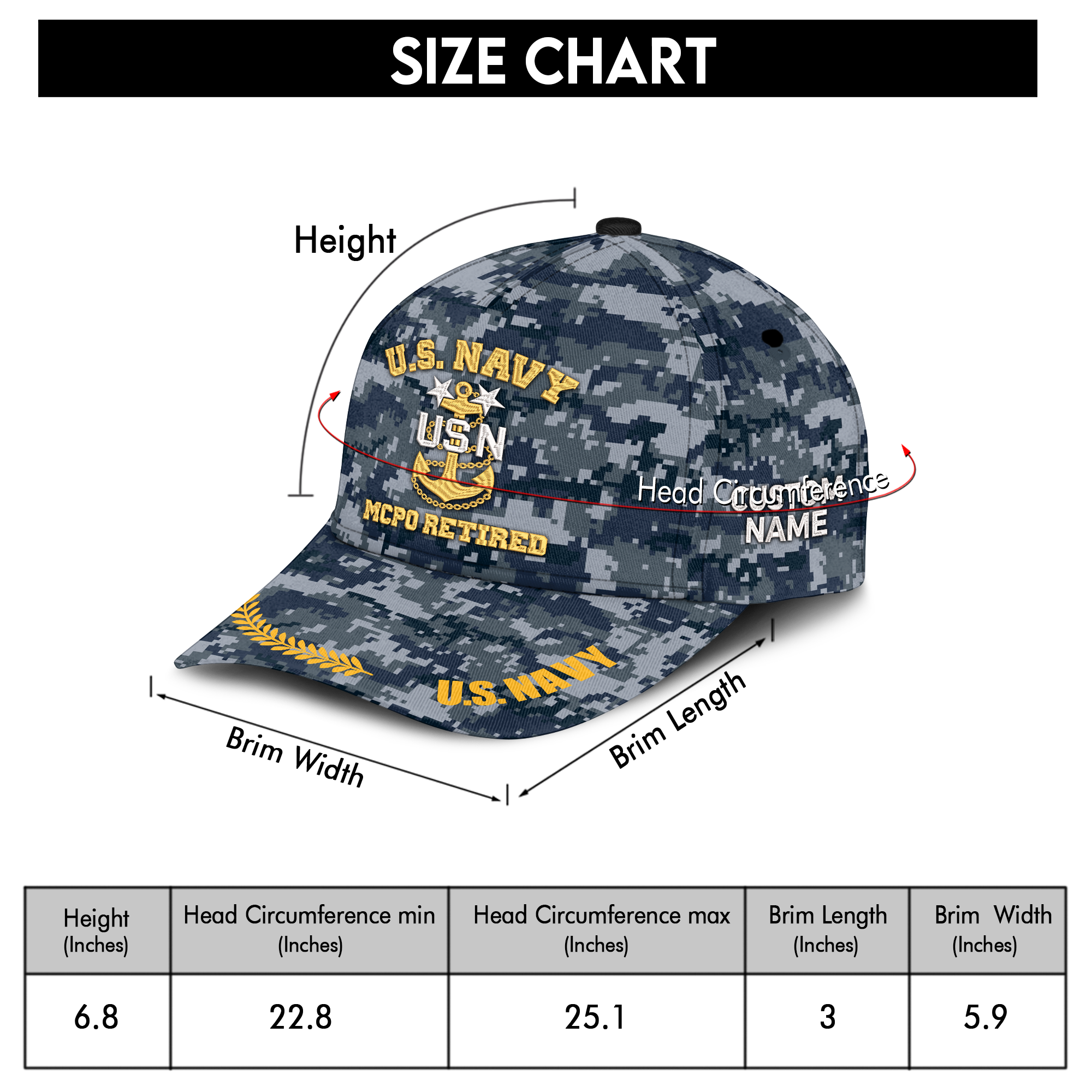 Personalizable MCPO Retired Navy Veteran Embroidered & Printed Cap