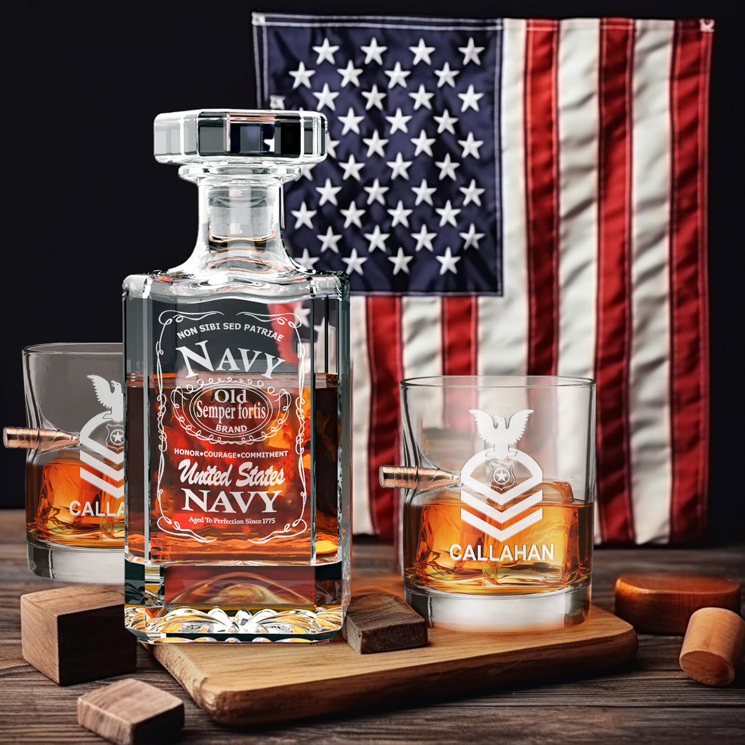 Personalizable Navy Submarine Bullet Whiskey Glass & Decanter Set
