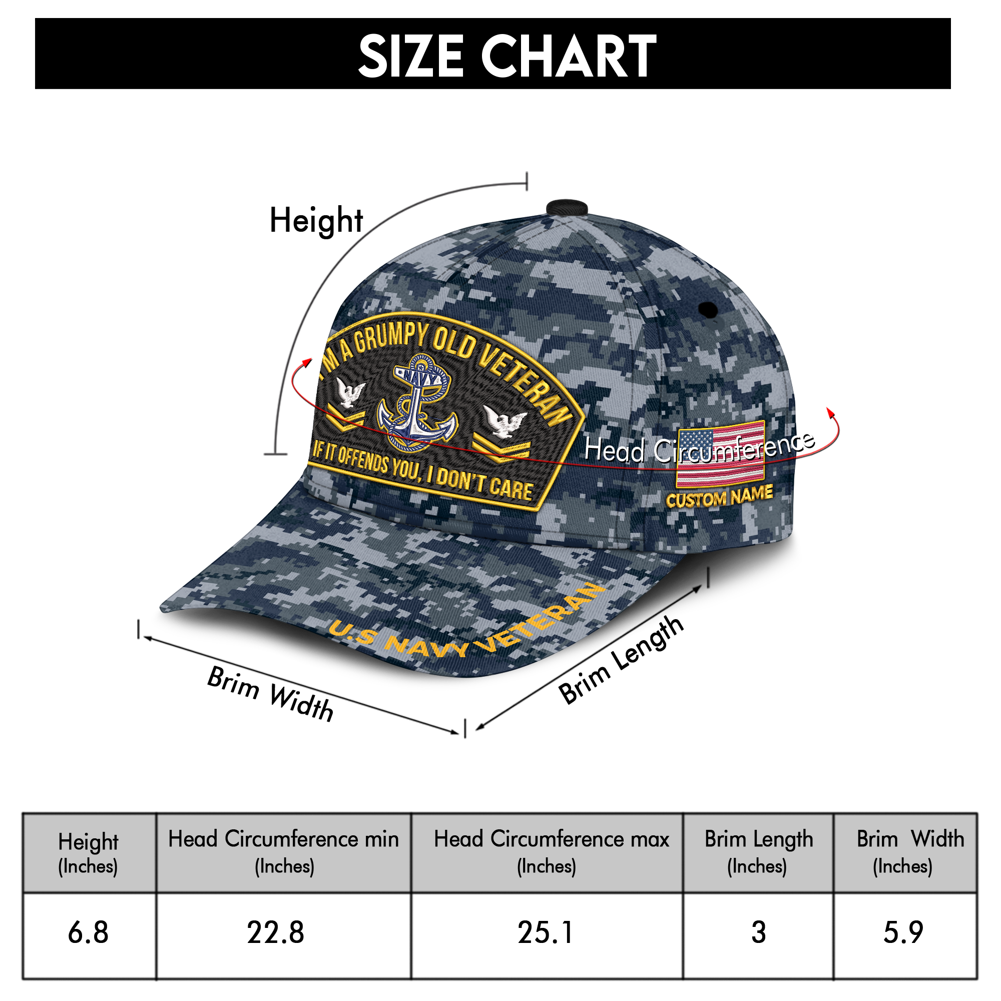 Personalizable I'm A Grumpy Old Navy Veteran Embroidered & Printed Cap