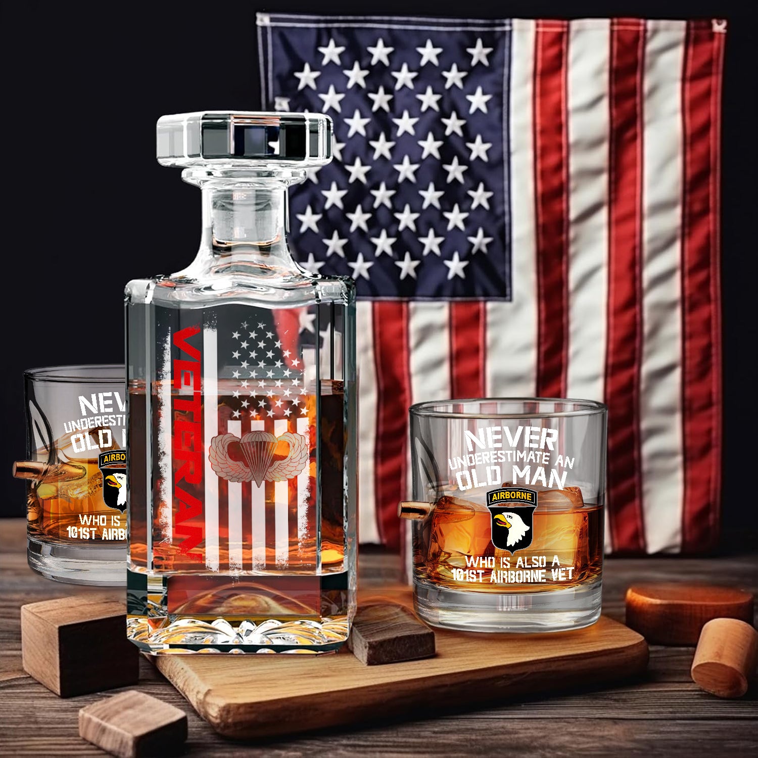 Airborne Veteran Set of 2 Bullet Whiskey Glasses & Decanter (x2 Coasters Gift)