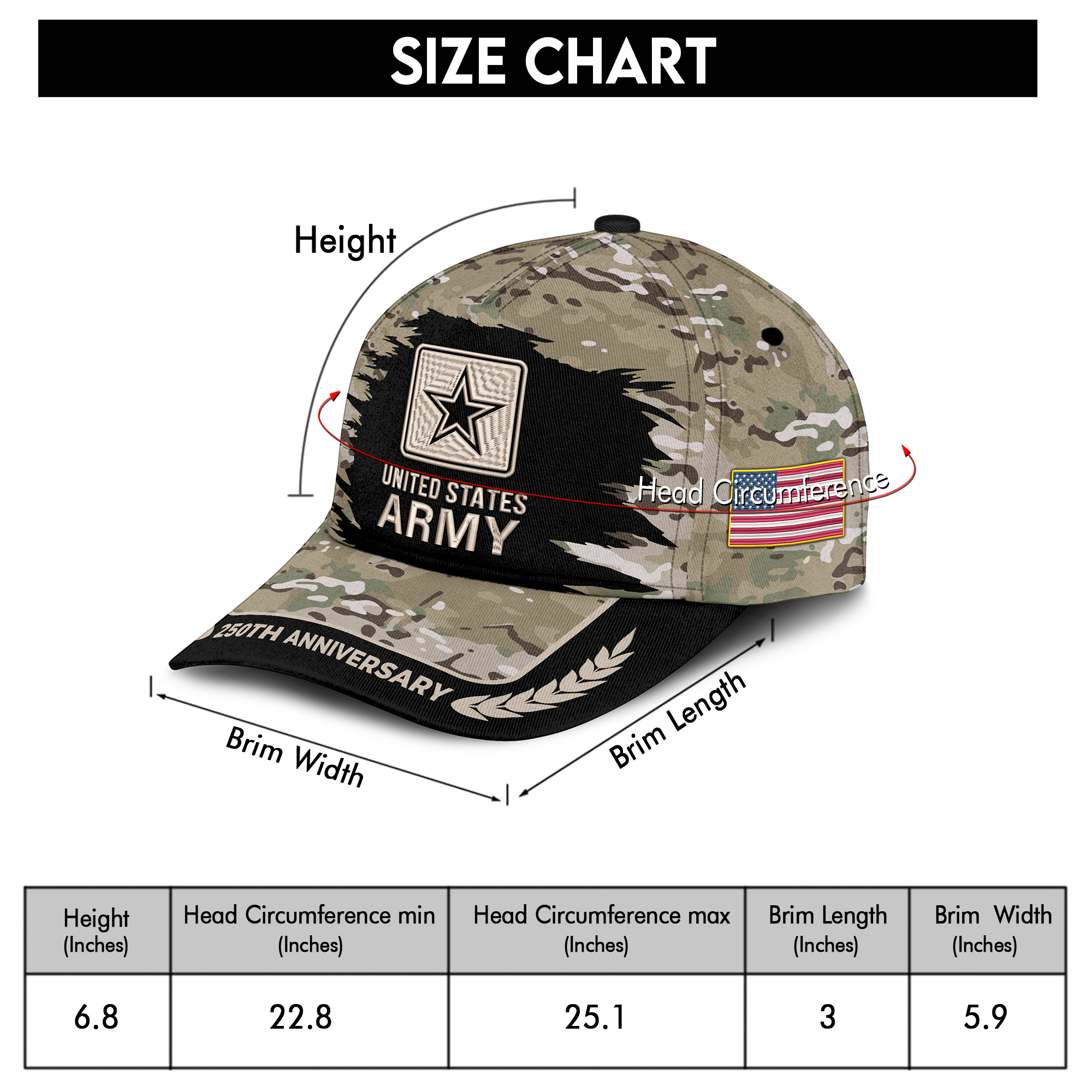 Army 250th Anniversary Embroidered & Printed Cap