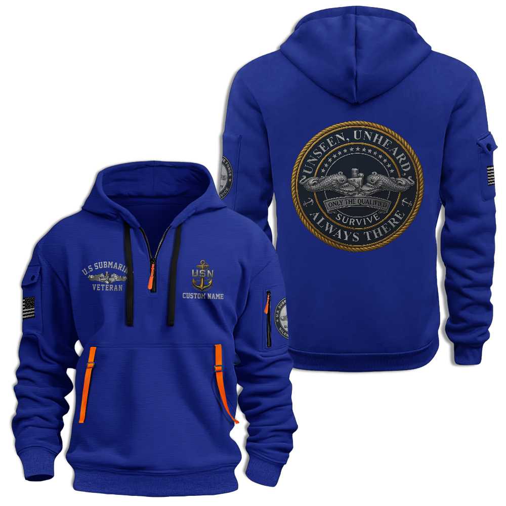 Personalizable Navy Submarine Unseen Unheard Quarter Zip Hoodie