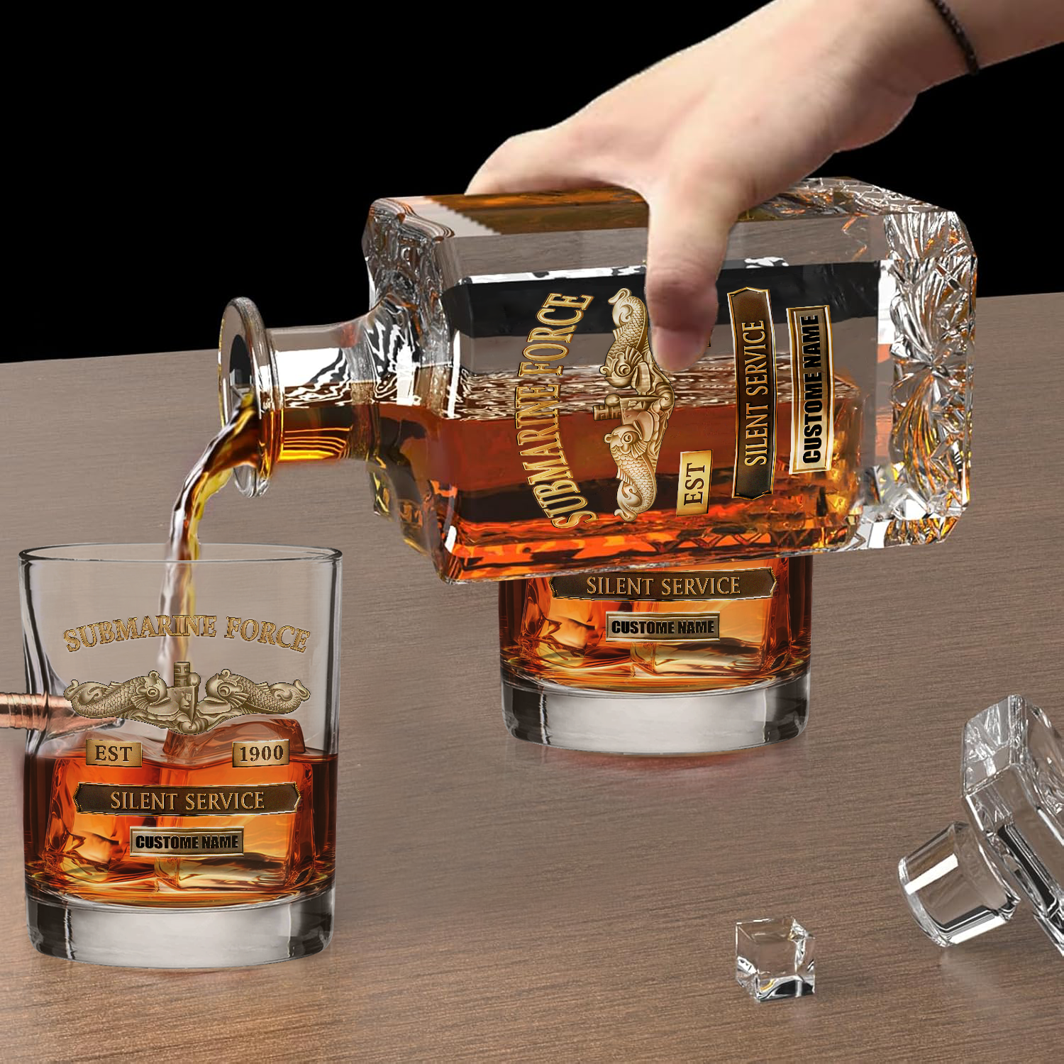 Personalizable Navy Submarine Bullet Whiskey Glass & Decanter Set