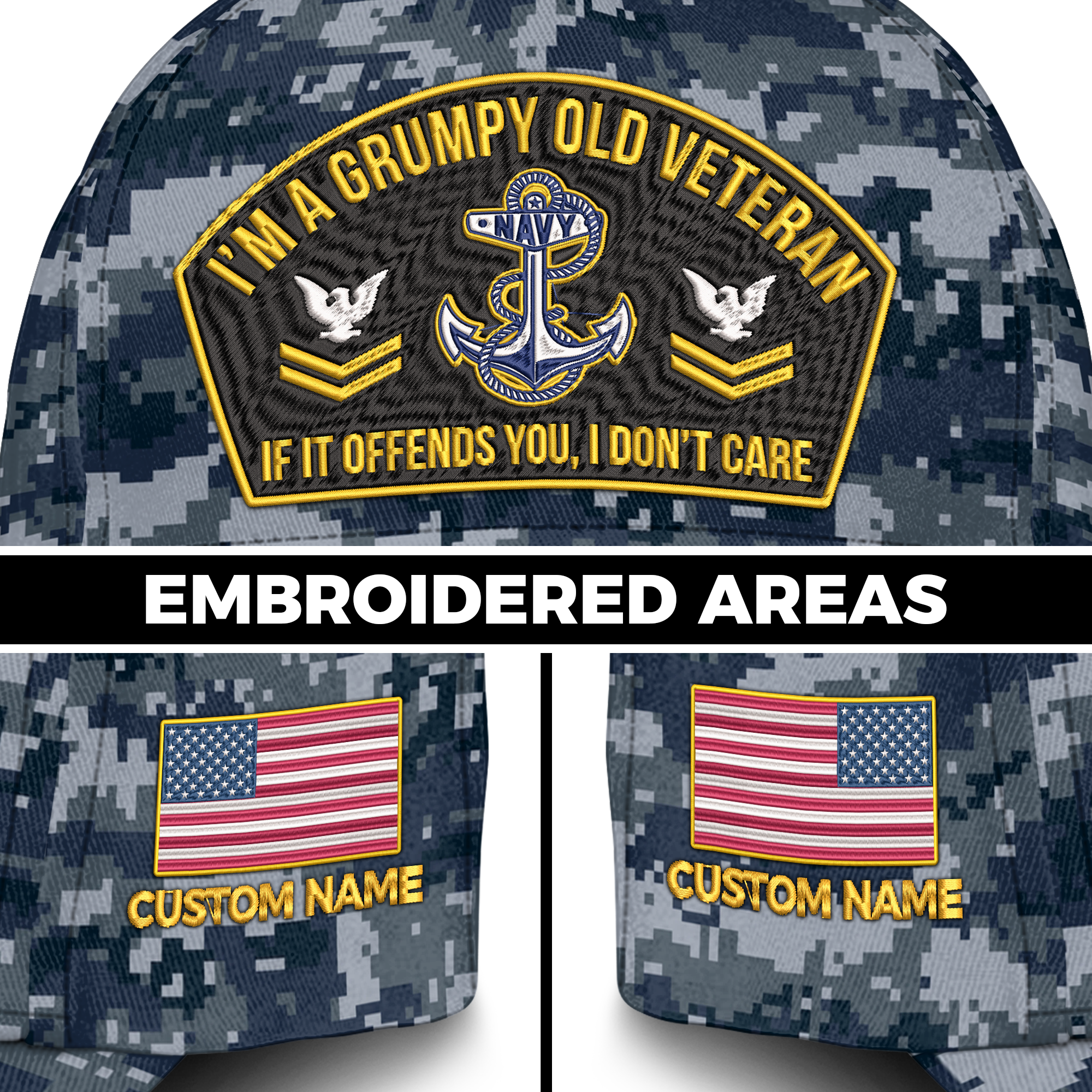 Personalizable I'm A Grumpy Old Navy Veteran Embroidered & Printed Cap