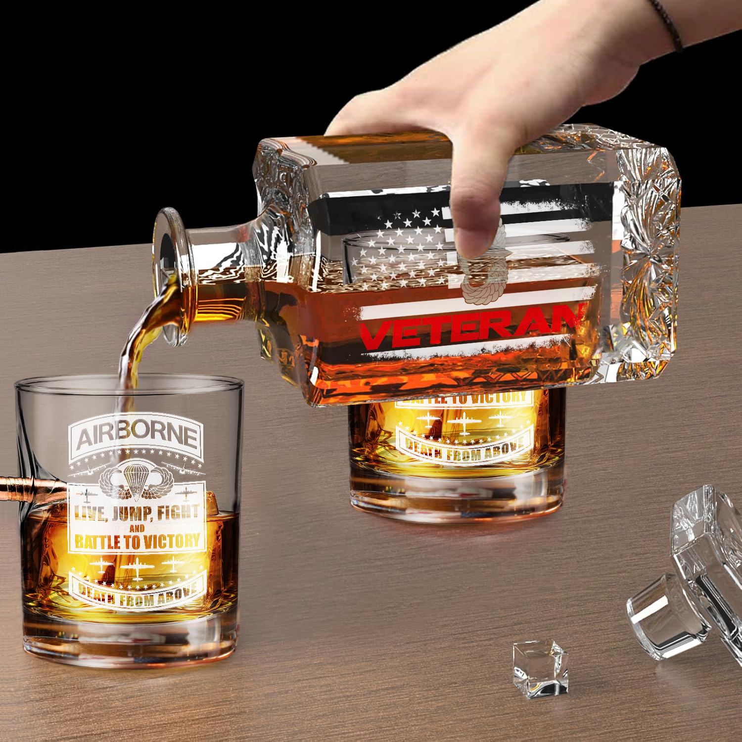 Airborne Veteran Set of 1 Bullet Whiskey Glass & Decanter (x2 Coasters Gift)