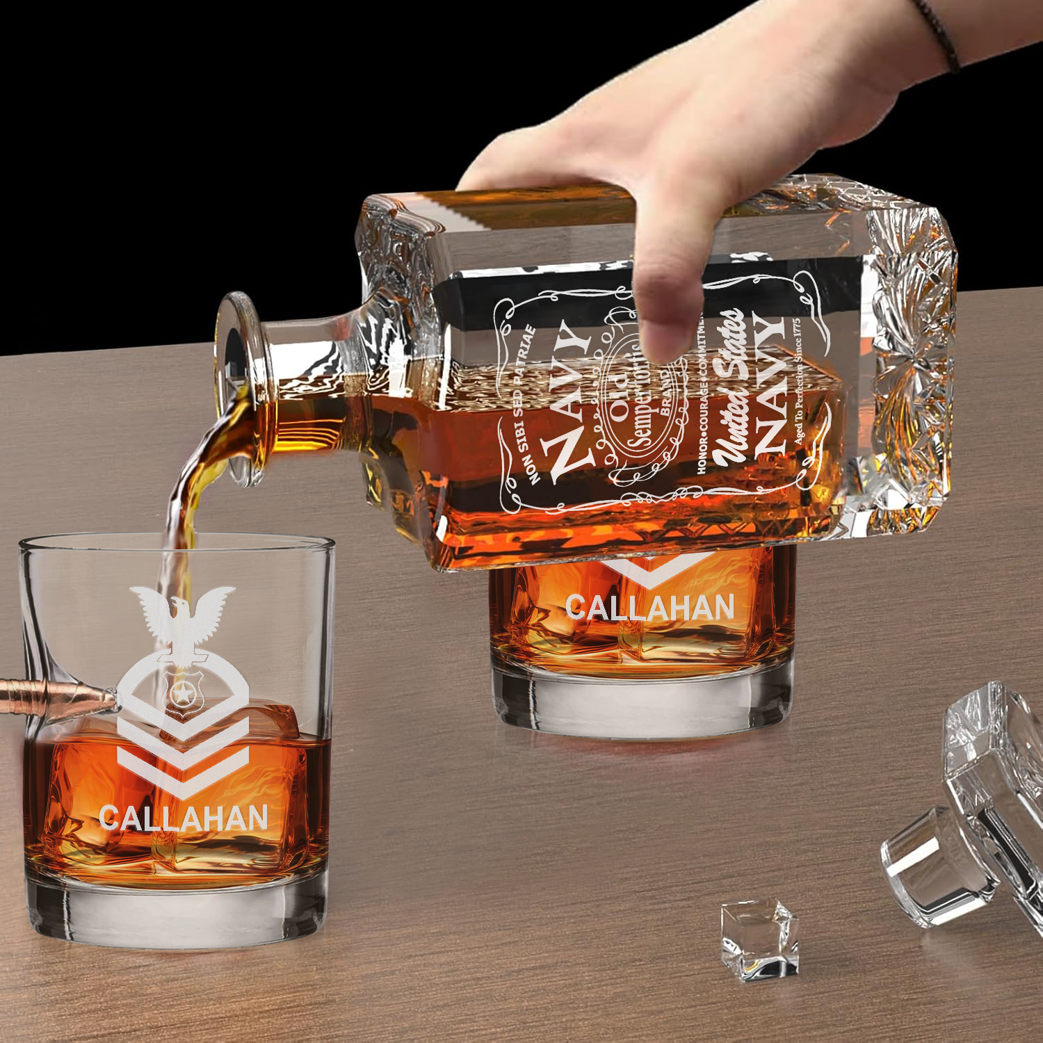 Personalizable Navy Submarine Bullet Whiskey Glass & Decanter Set