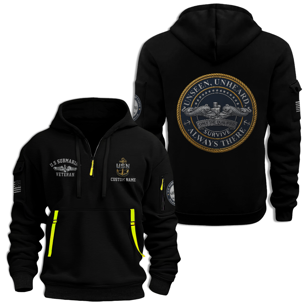 Personalizable Navy Submarine Unseen Unheard Quarter Zip Hoodie