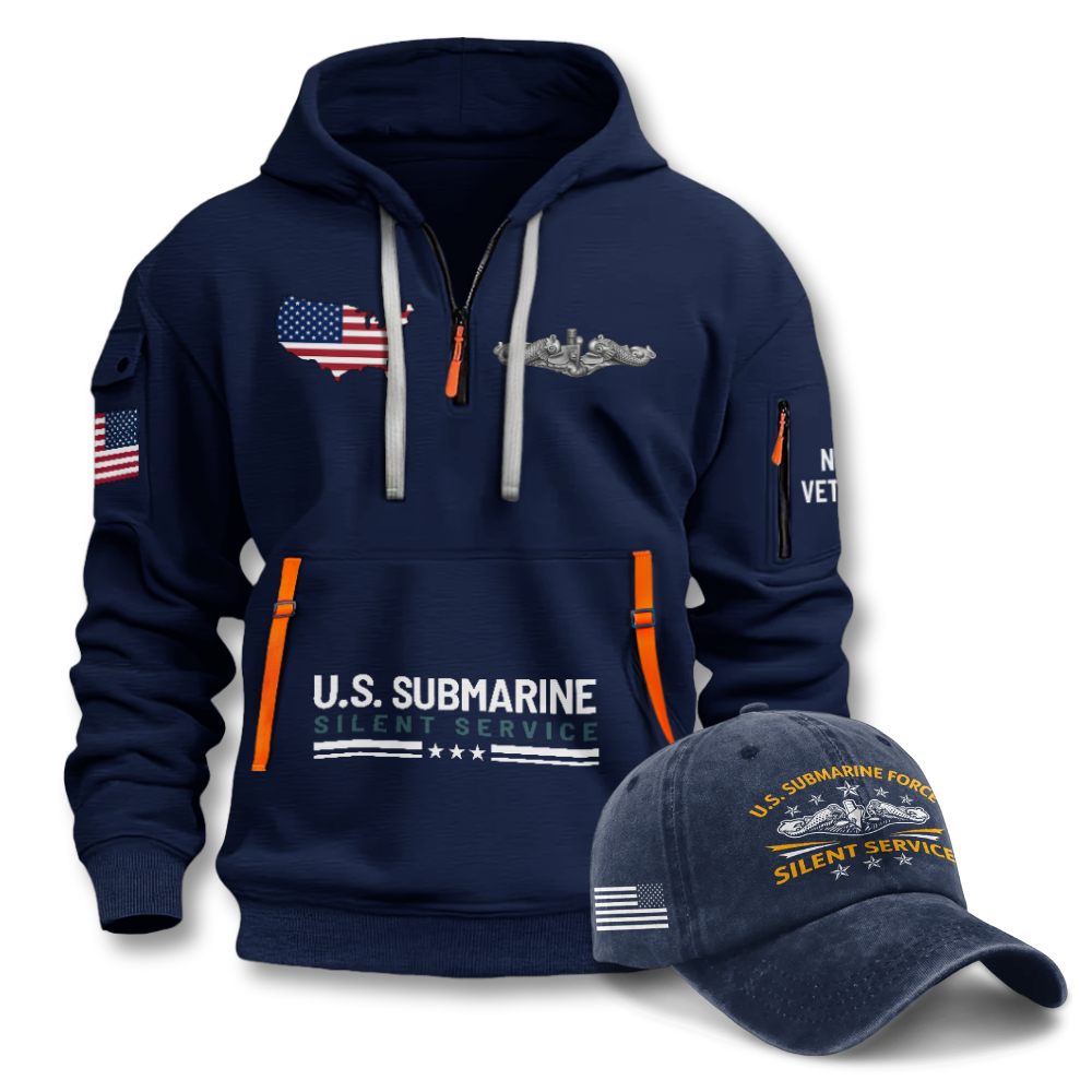 Navy Submarine Quarter Zip Hoodie & Washed Cap Combo