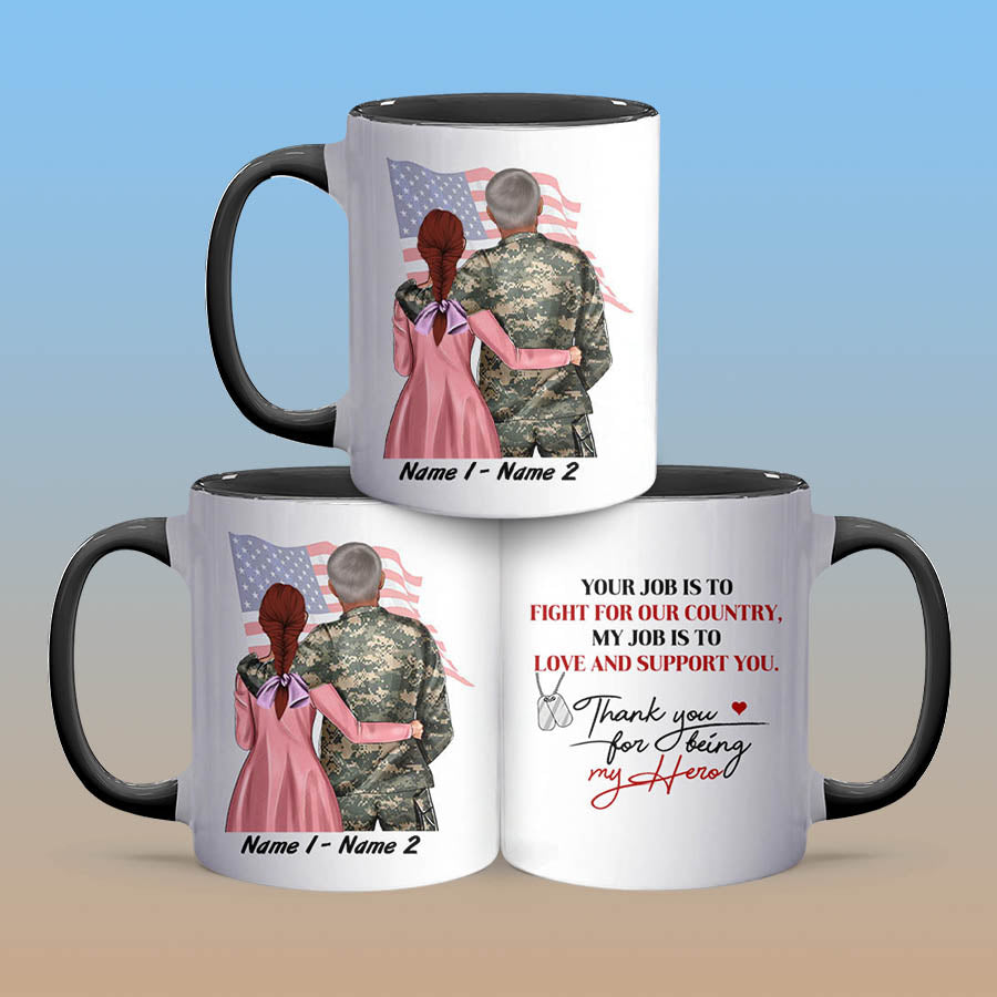 Personalized Military Couple Thank You For Being My Hero Accent Coffee Mug, 11oz