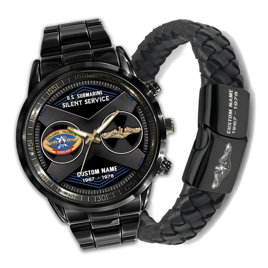 Personalizable Navy Submarine Stainless Steel Watch & Leather Bracelet Bundle