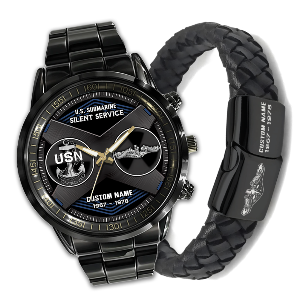 Personalizable Navy Submarine Stainless Steel Watch & Leather Bracelet Bundle