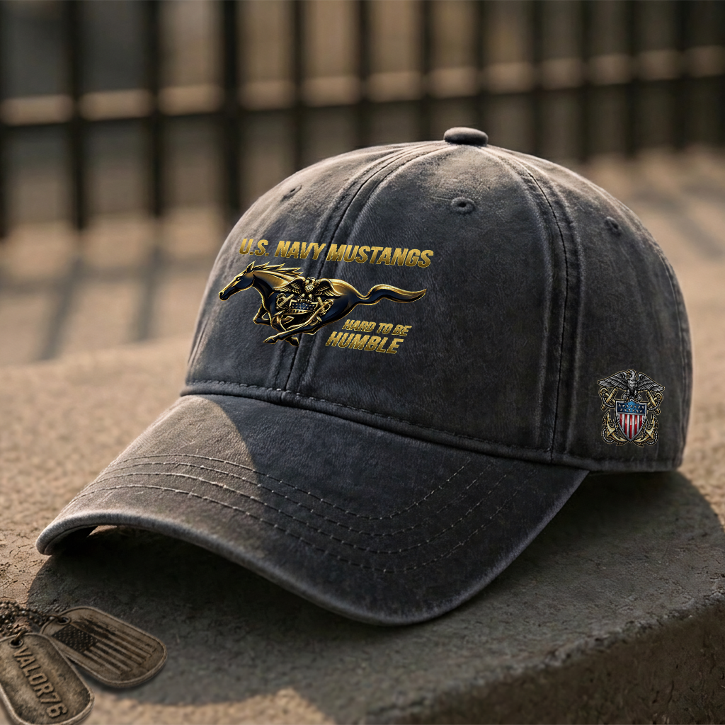 Personalizable Navy Mustangs Hard To Be Humble Washed Cap