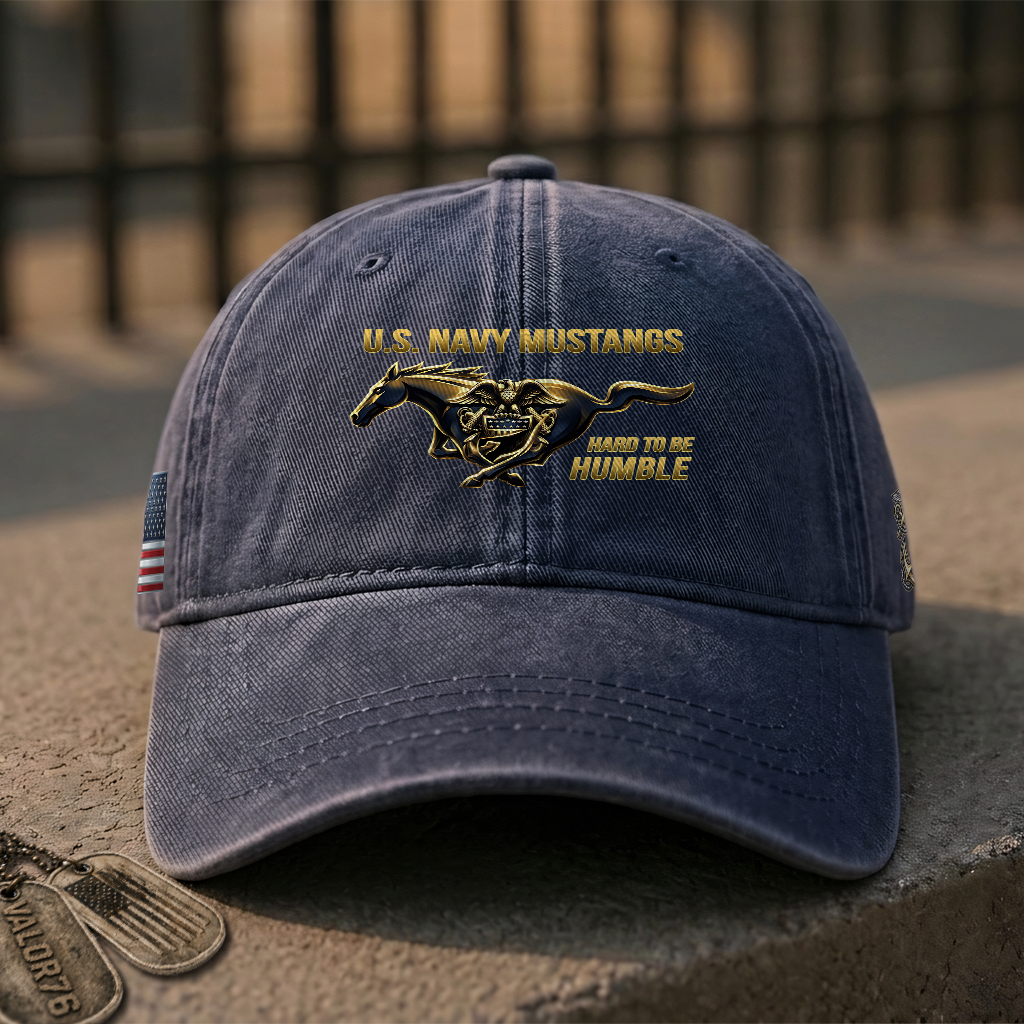 Personalizable Navy Mustangs Hard To Be Humble Washed Cap