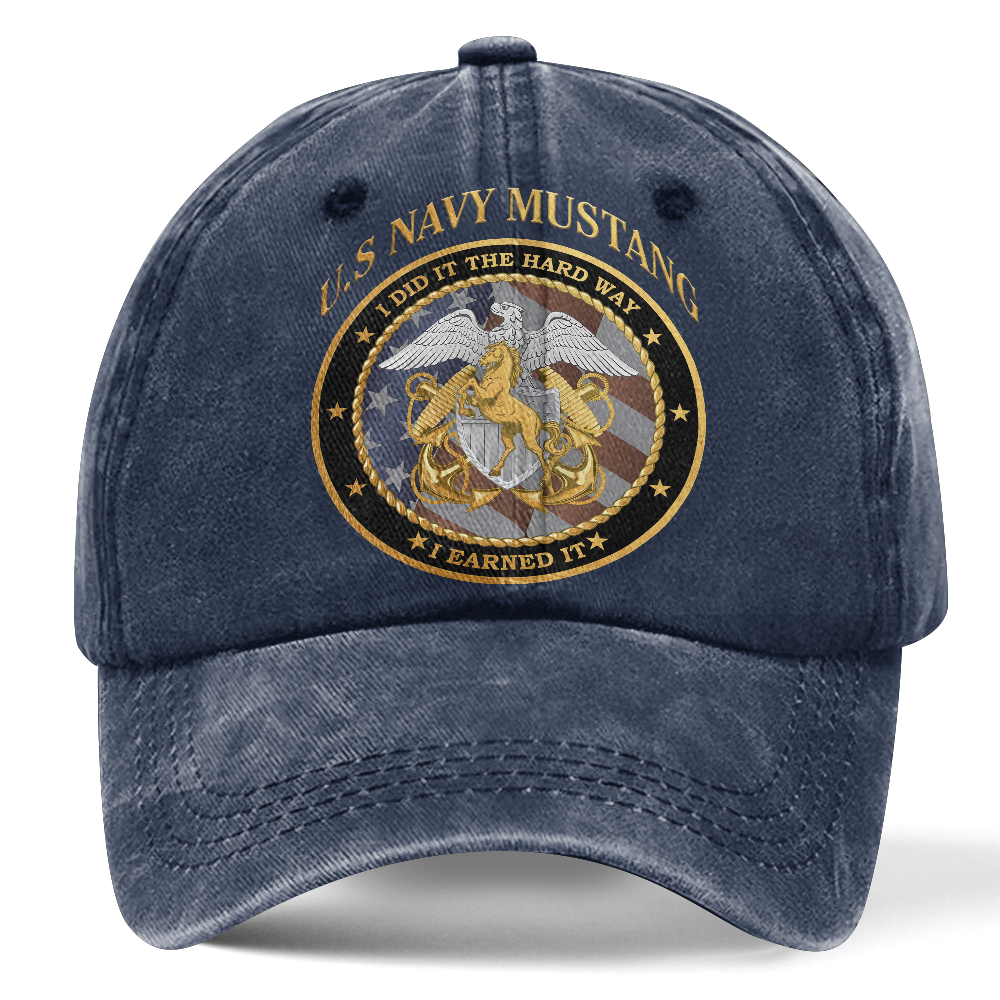 Personalizable Navy Mustang I Earned It Washed Cap