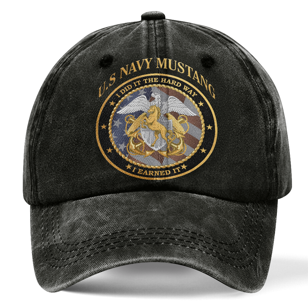 Personalizable Navy Mustang I Earned It Washed Cap