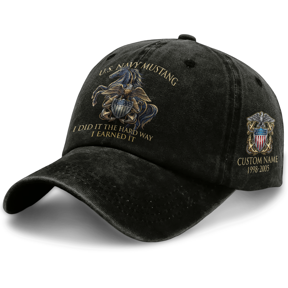 Personalizable Navy Mustang I Earned It Washed Cap