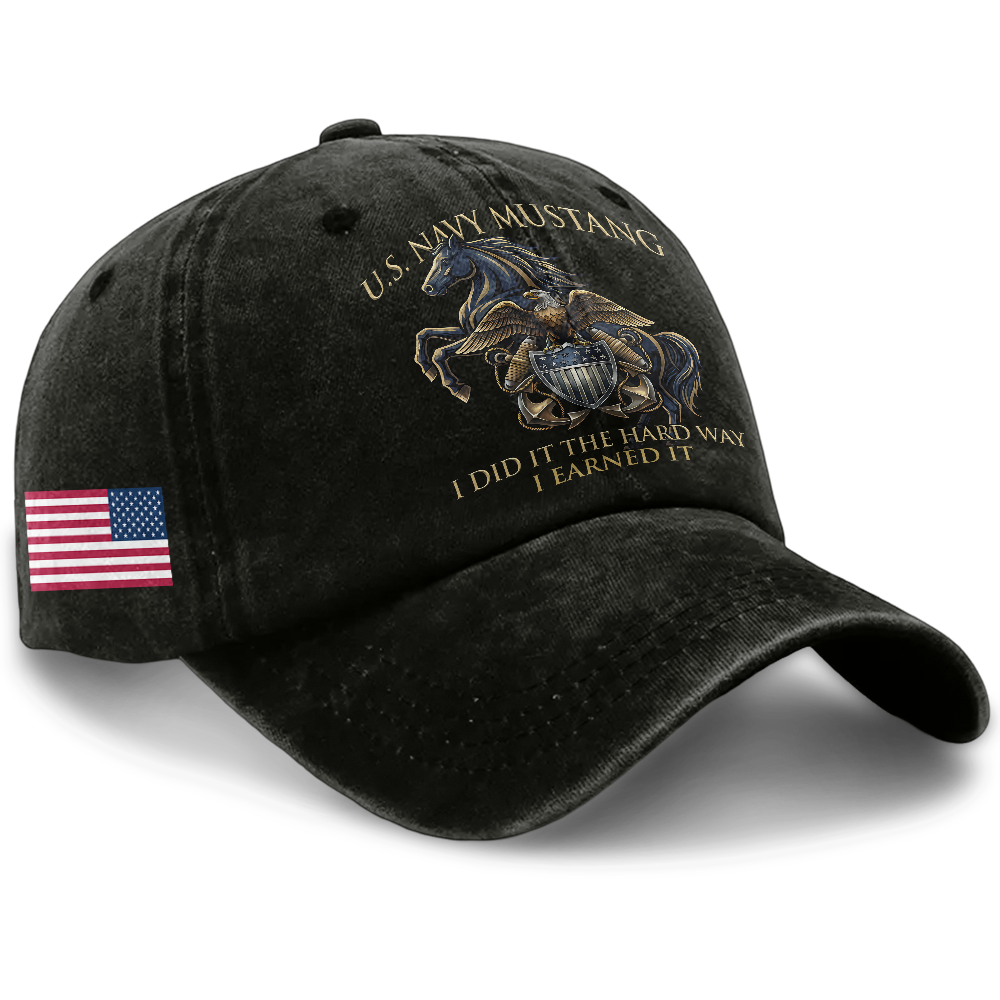 Personalizable Navy Mustang I Earned It Washed Cap