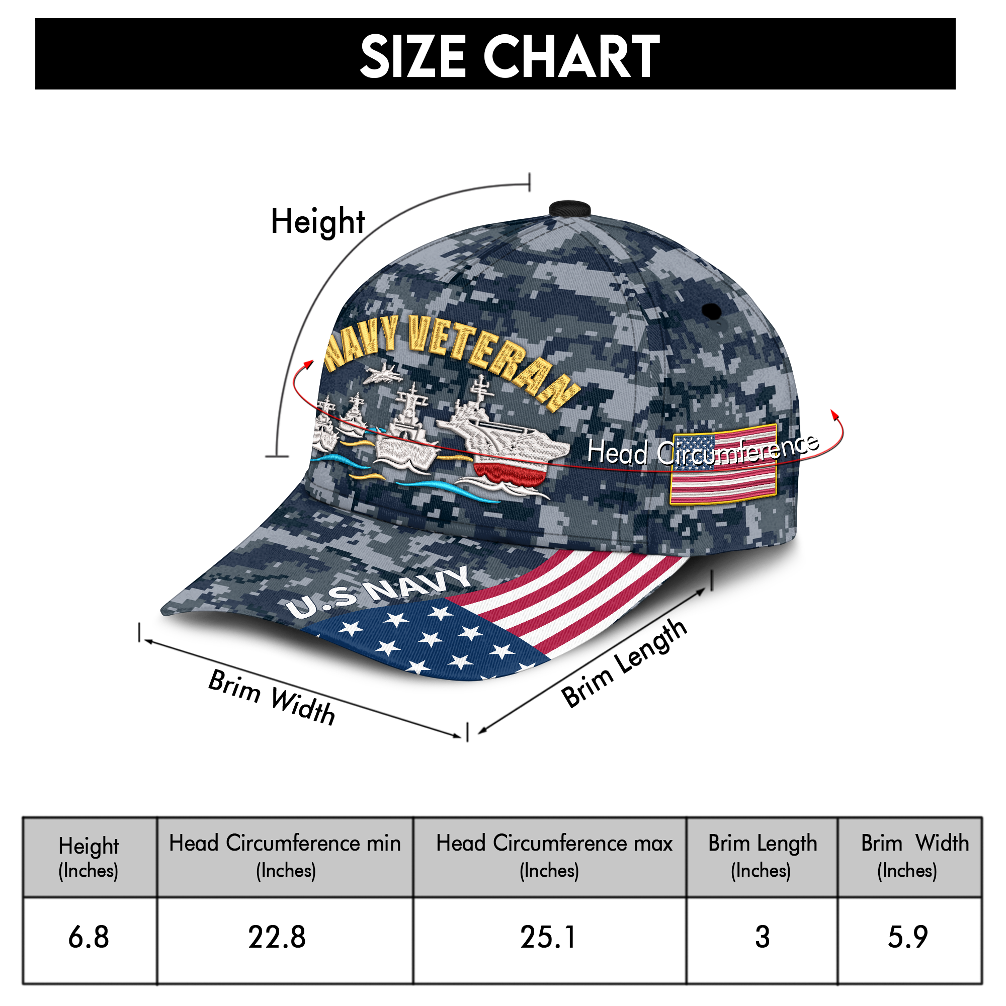 Navy Veteran Embroidered & Printed Cap