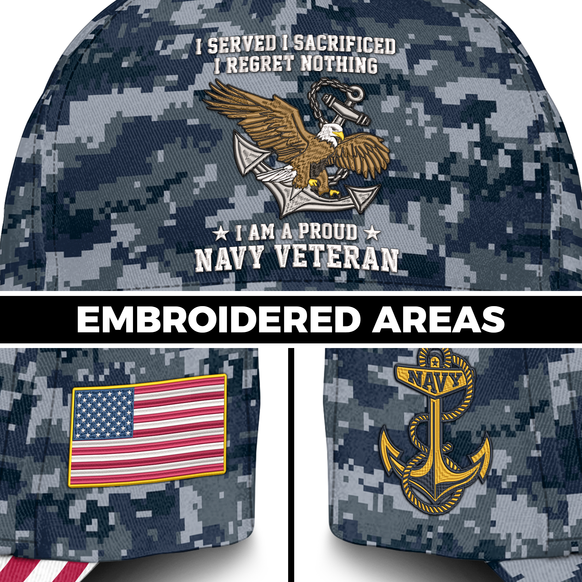 Navy Veteran I Regret Nothing Embroidered & Printed Cap