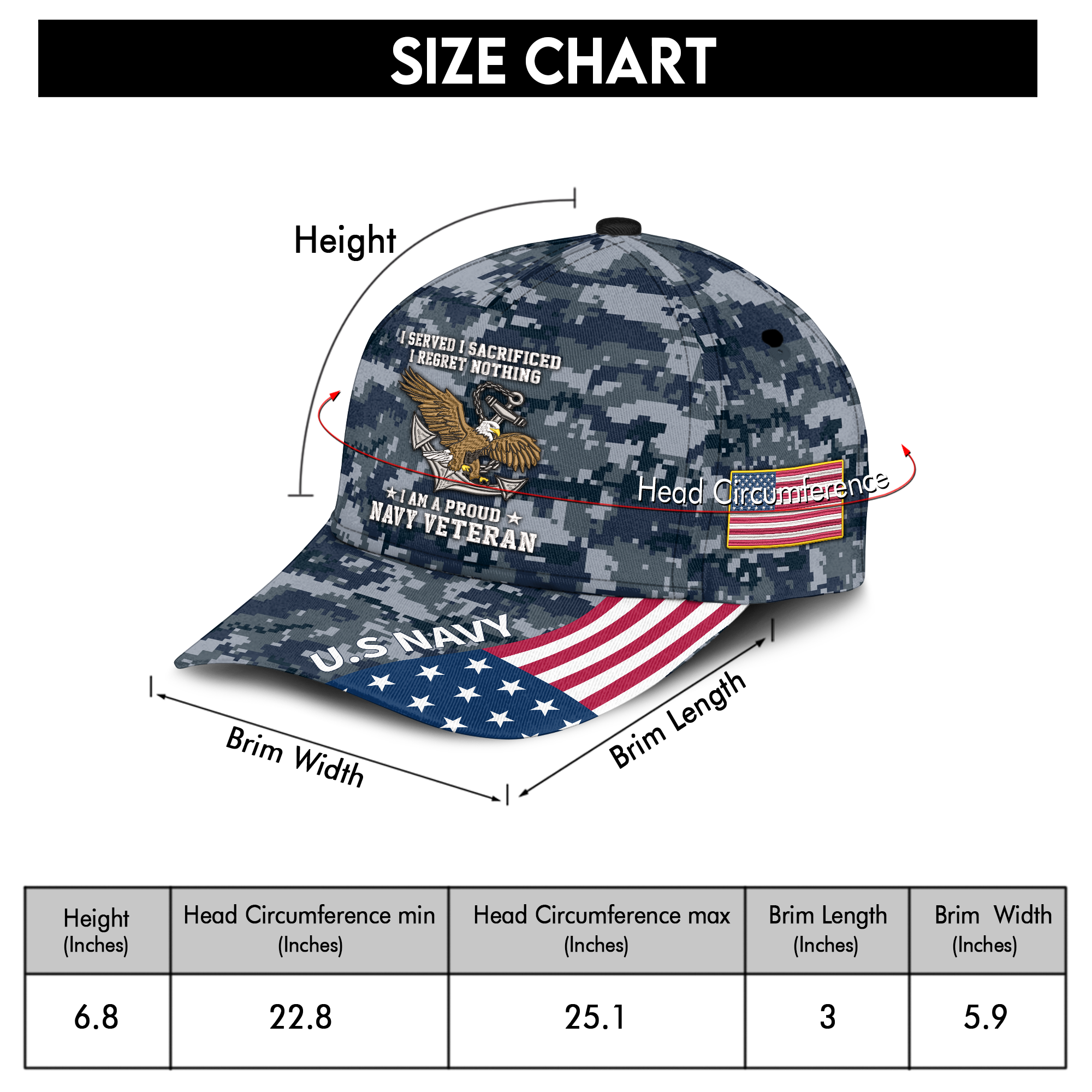 Navy Veteran I Regret Nothing Embroidered & Printed Cap