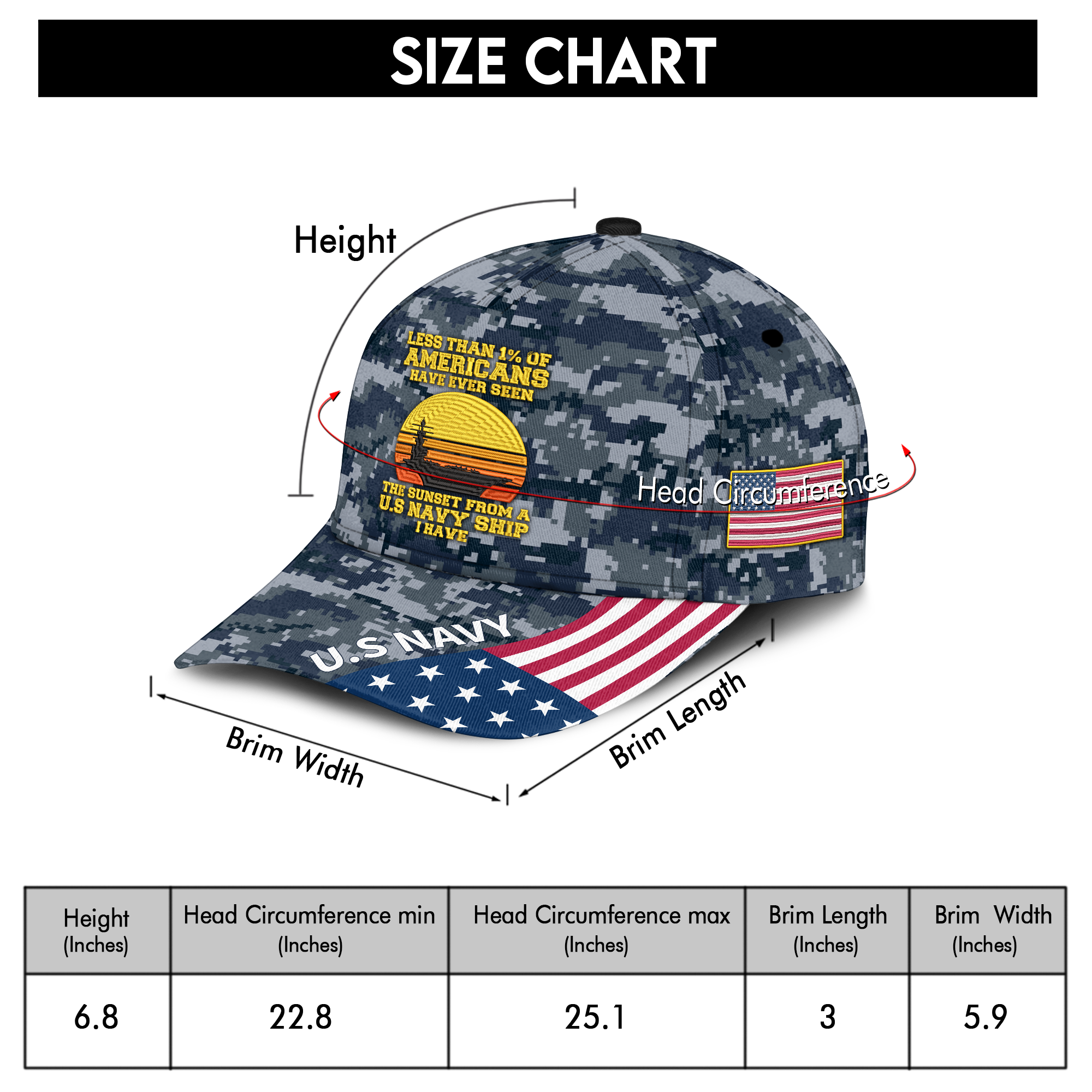 Less Than 1% Navy Ship Embroidered & Printed Cap
