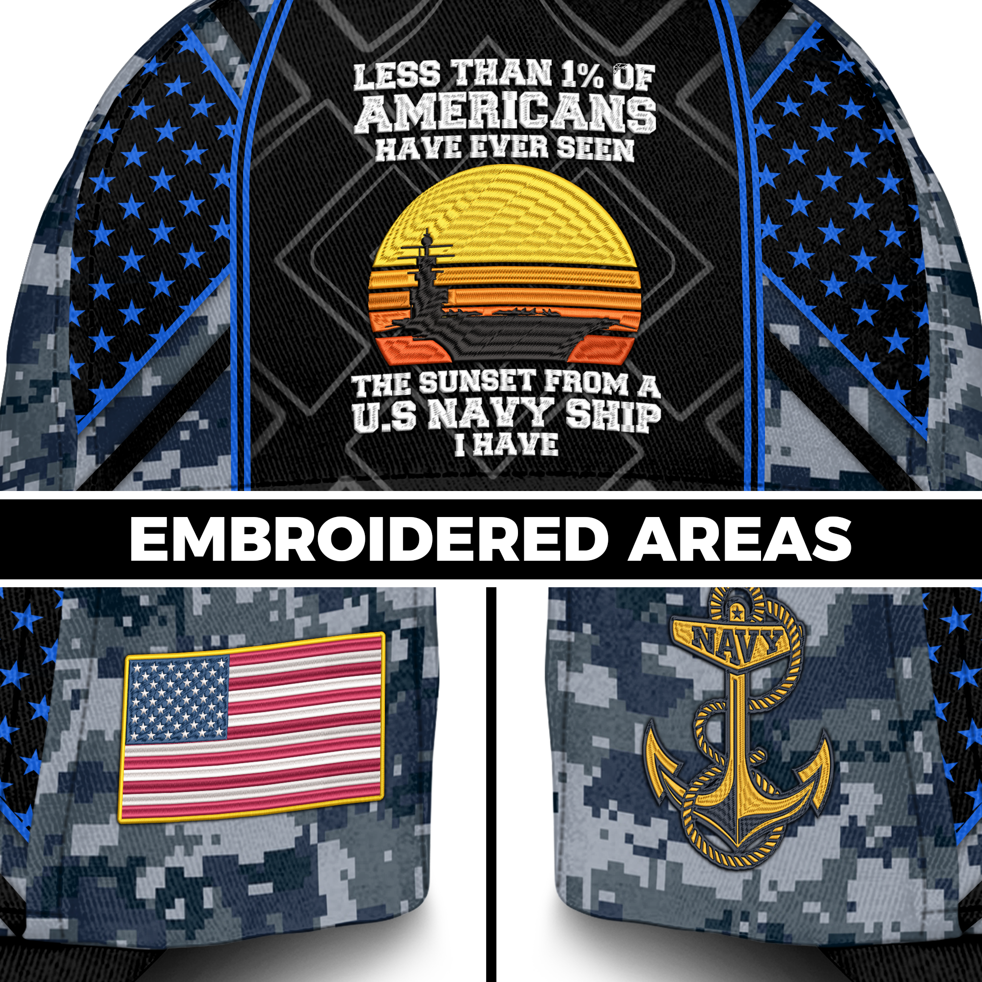 Less Than 1% Navy Ship Embroidered & Printed Cap