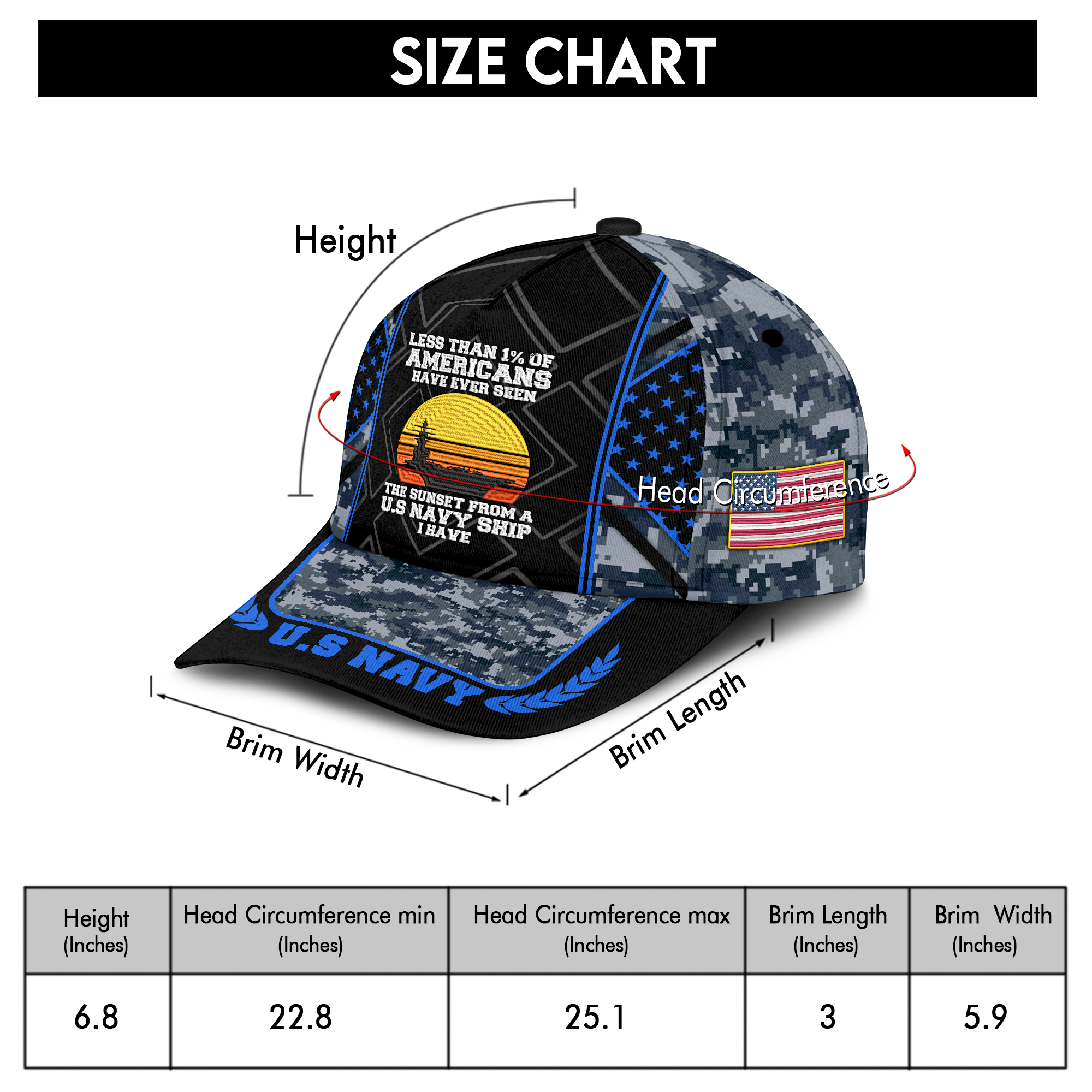 Less Than 1% Navy Ship Embroidered & Printed Cap