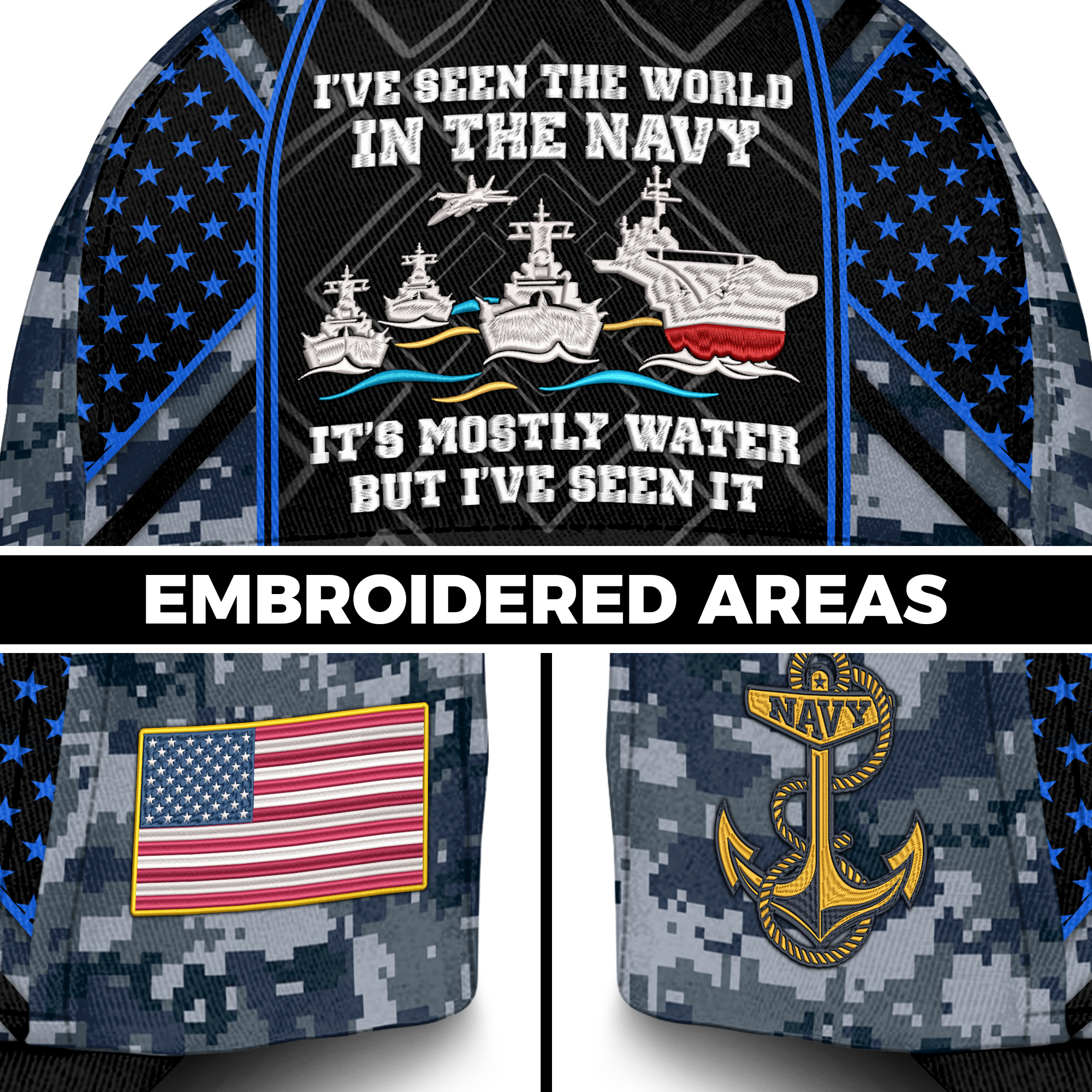 I've Seen The World In The Navy Embroidered & Printed Cap