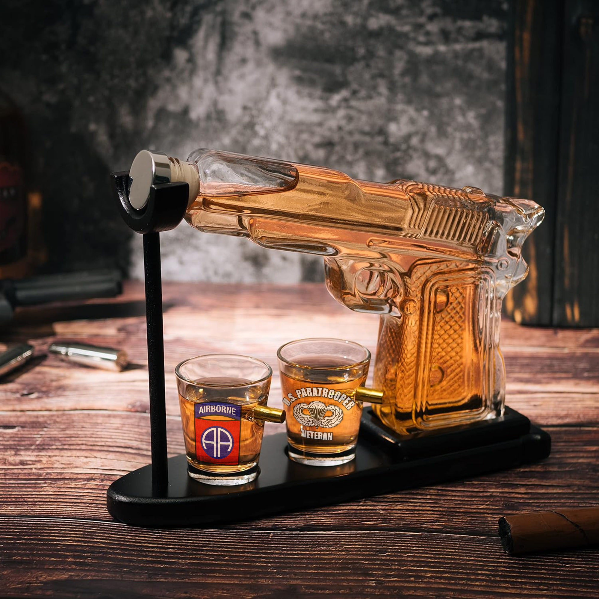 82nd Airborne Veteran Pistol Whiskey Decanter Set