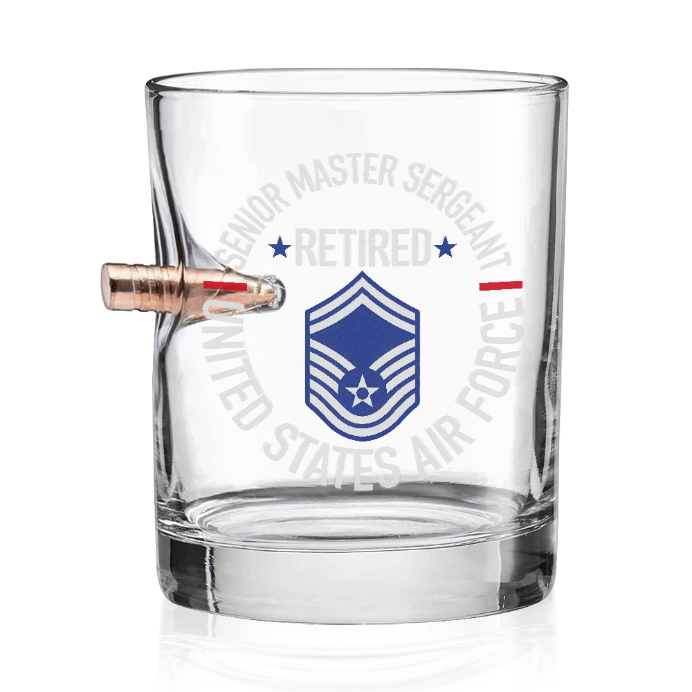 Air Force Senior Master Sergeant Retired Bullet Whiskey Glass